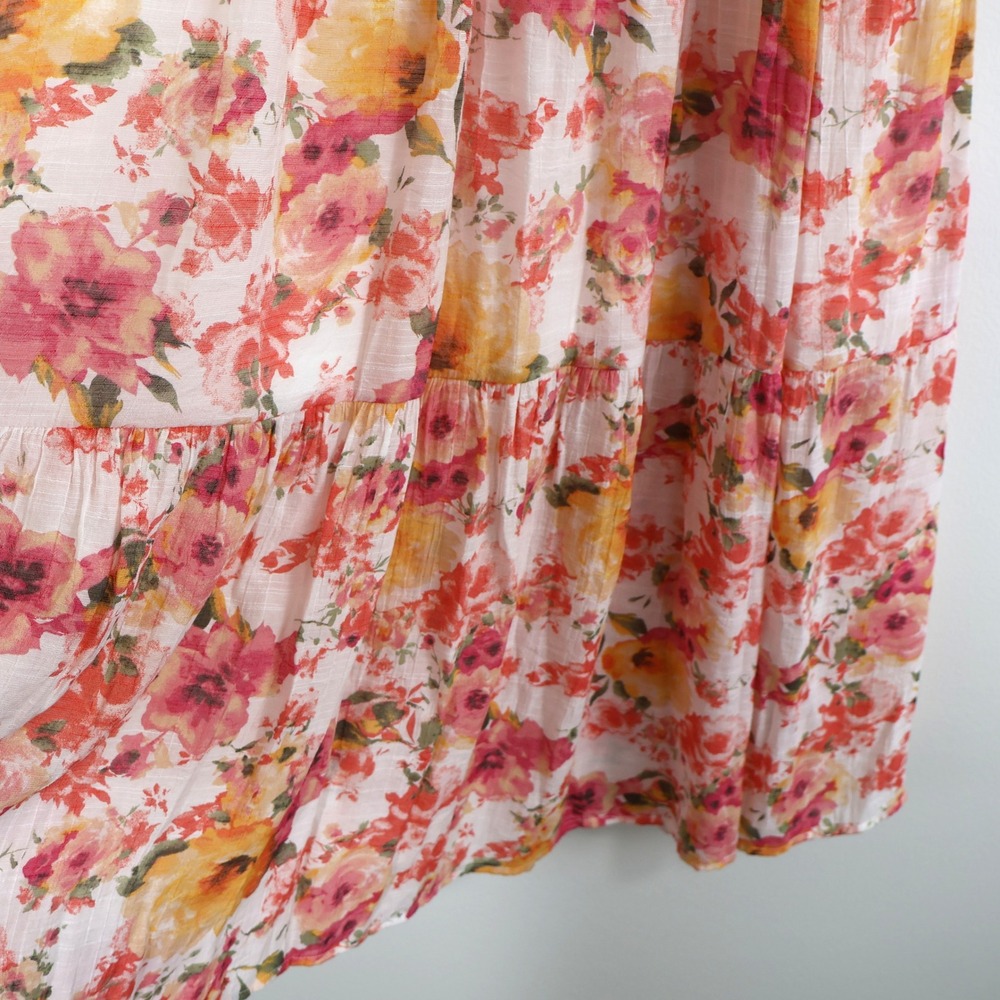 Blu Pepper Floral Smocked Maxi Dress Pink Orange Tiered Ruffle Cap Sleeve Large - Picture 5 of 9